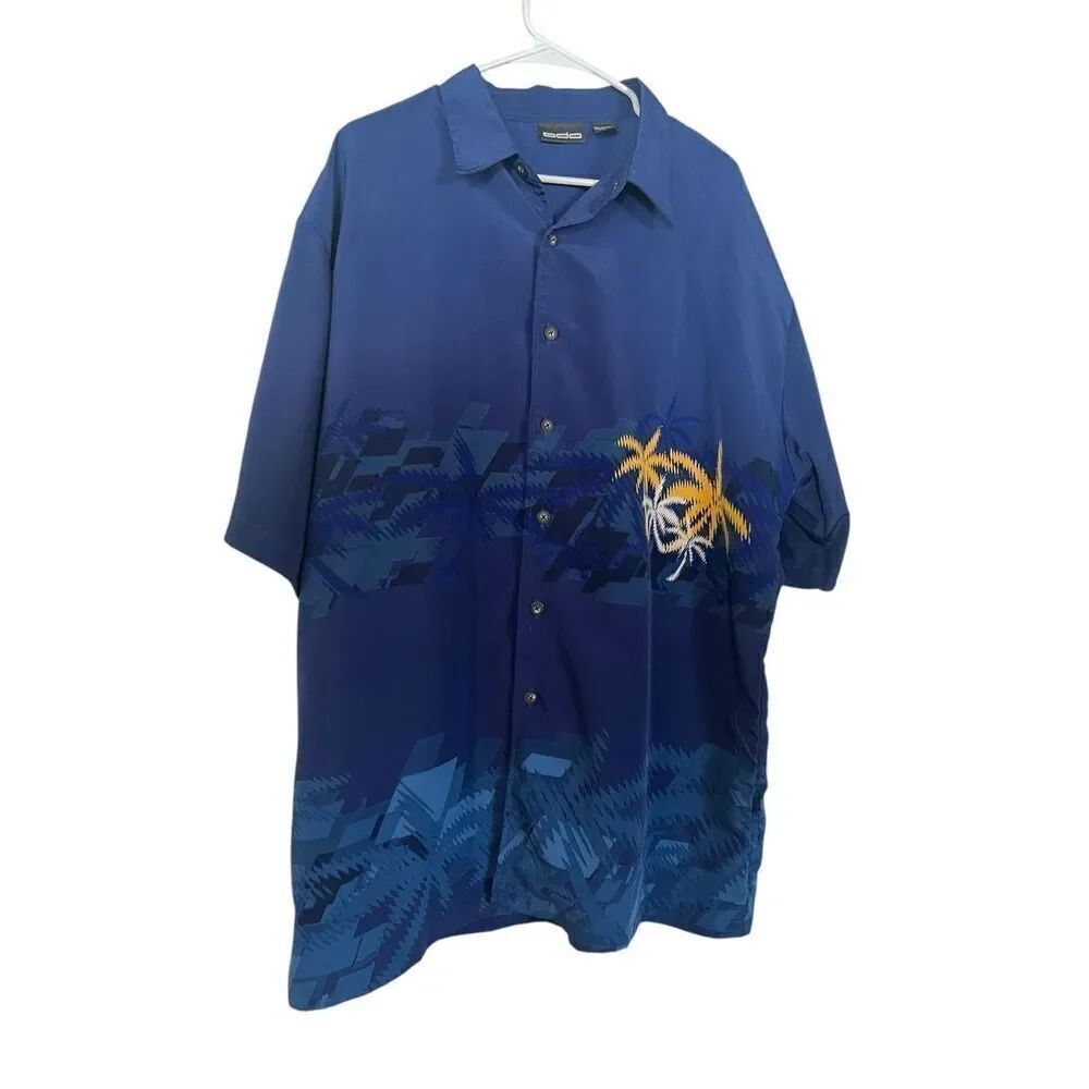 Odo Mens Blue Palm Tree Print Collared Short Sleeve Button Up Shirt Size XXL